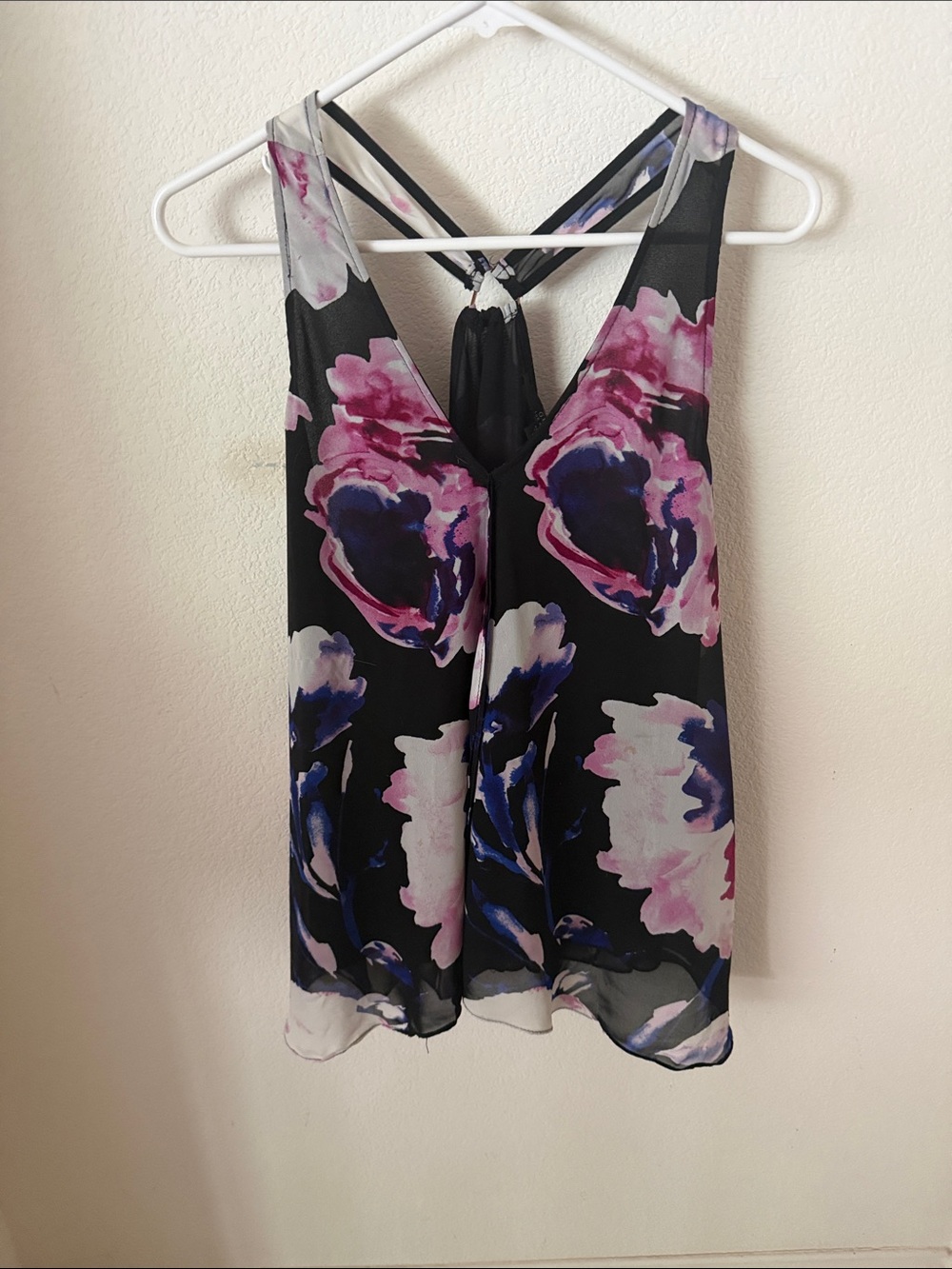 Guess Black Floral Chiffon Camisole with Pink & Purple Blooms